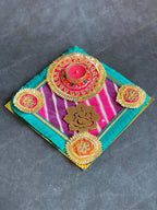 Square Leheriya & Gold Gota Tea Light Holder with Ganesha