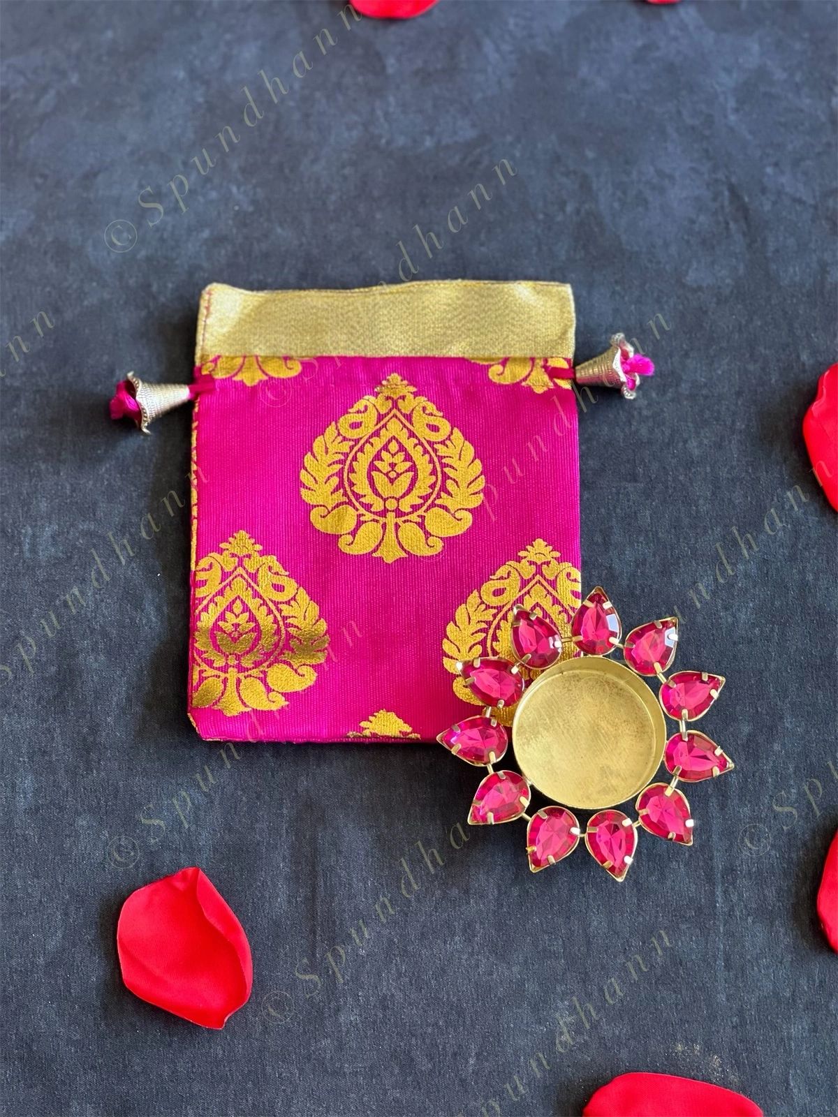 Leaf Print Potli with Studded Tea Light Gift Bags
