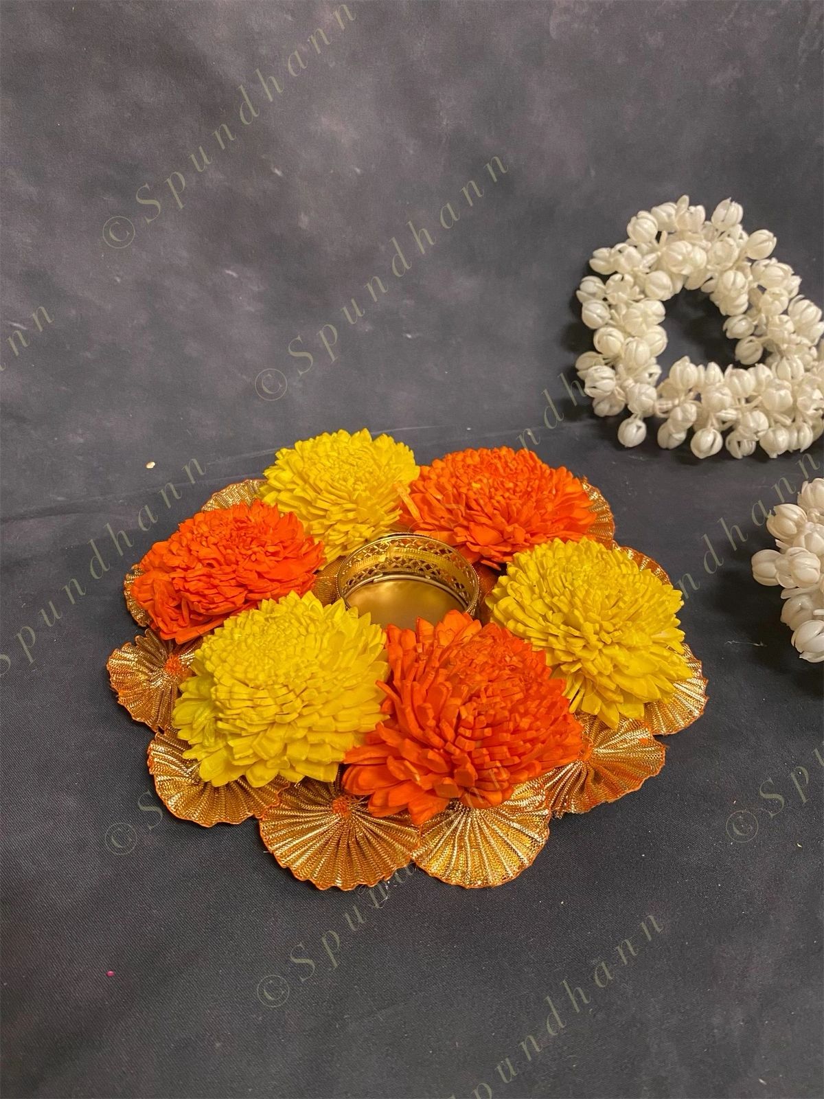 Sholawood Marigold Flower With Gotapatti Frill Tea Light Holder