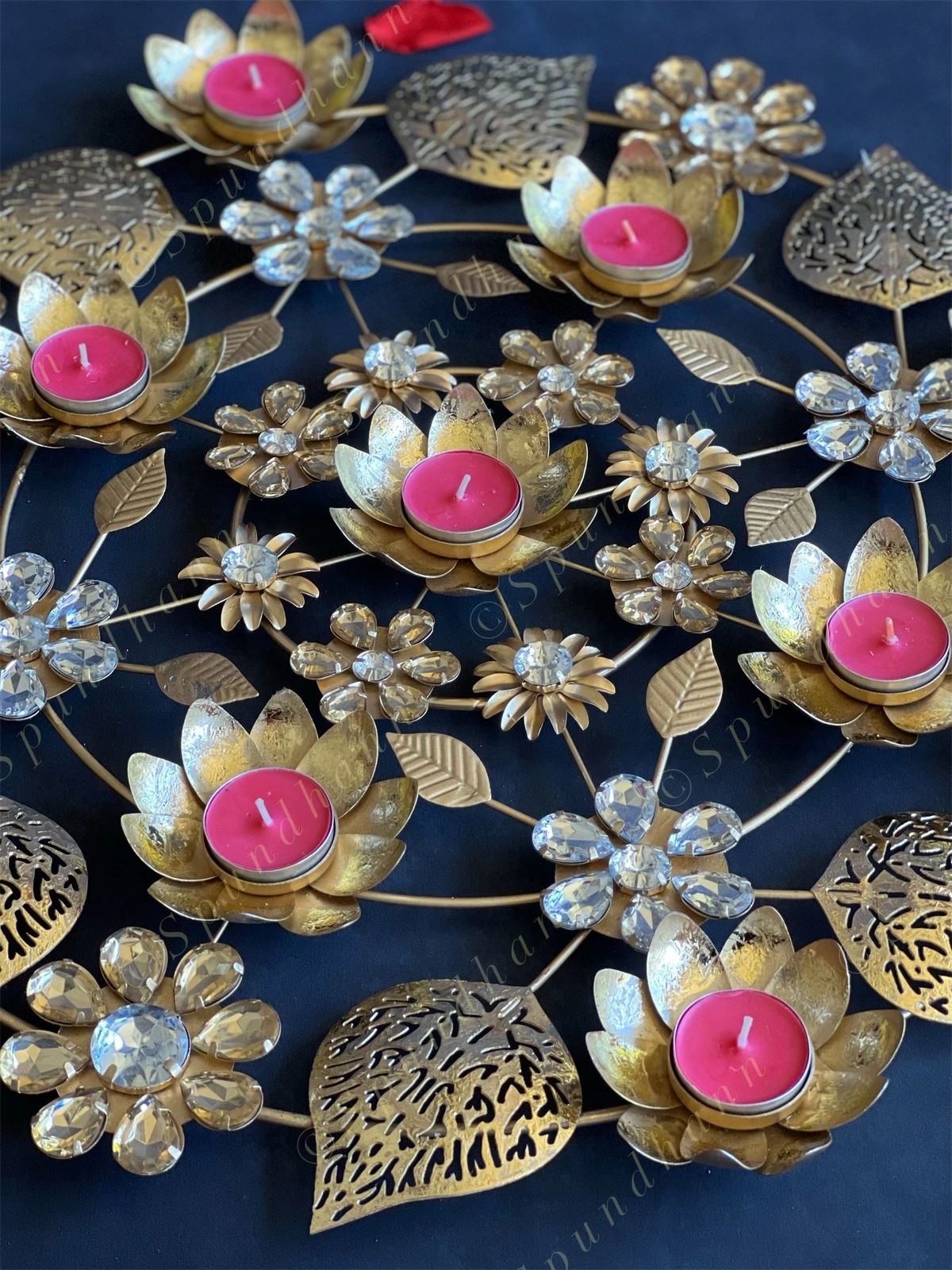 Decorative Studded Flower & Cutwork Leaves Rangoli Tea Light Holder