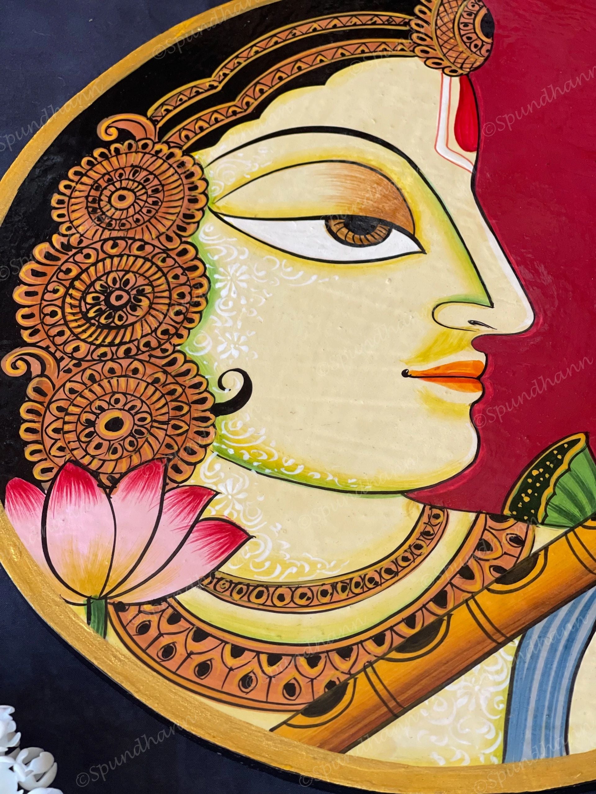 Beautifully Adorned Rajasthani Woman Red Background Pichwai Wall Hanging Plate Red