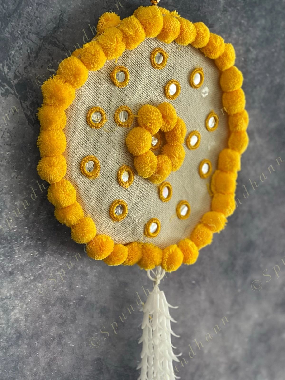 Yellow Pom Pom Mirror Circular Hanging Decor with Marigold Tassels