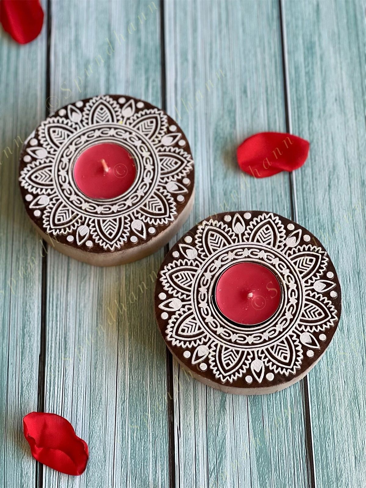 Round Floral Carved Wooden Block Tea Light Holder