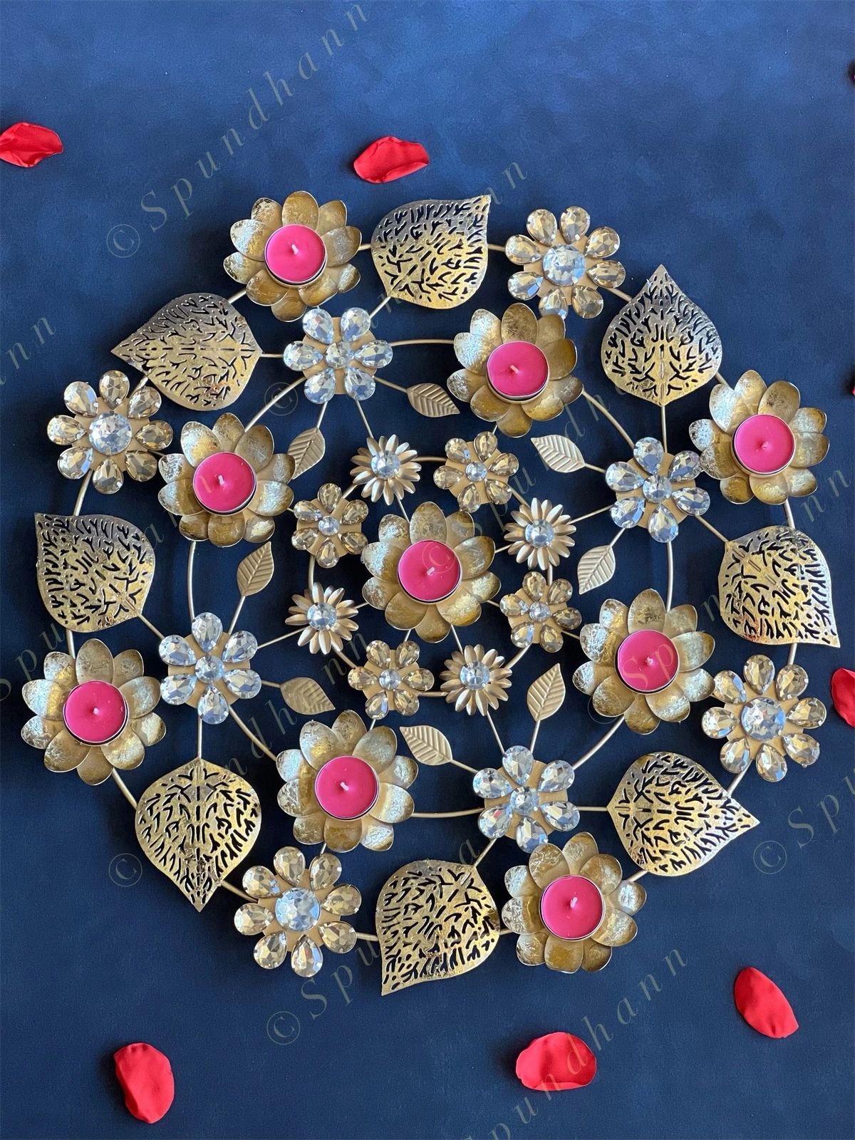 Decorative Studded Flower & Cutwork Leaves Rangoli Tea Light Holder