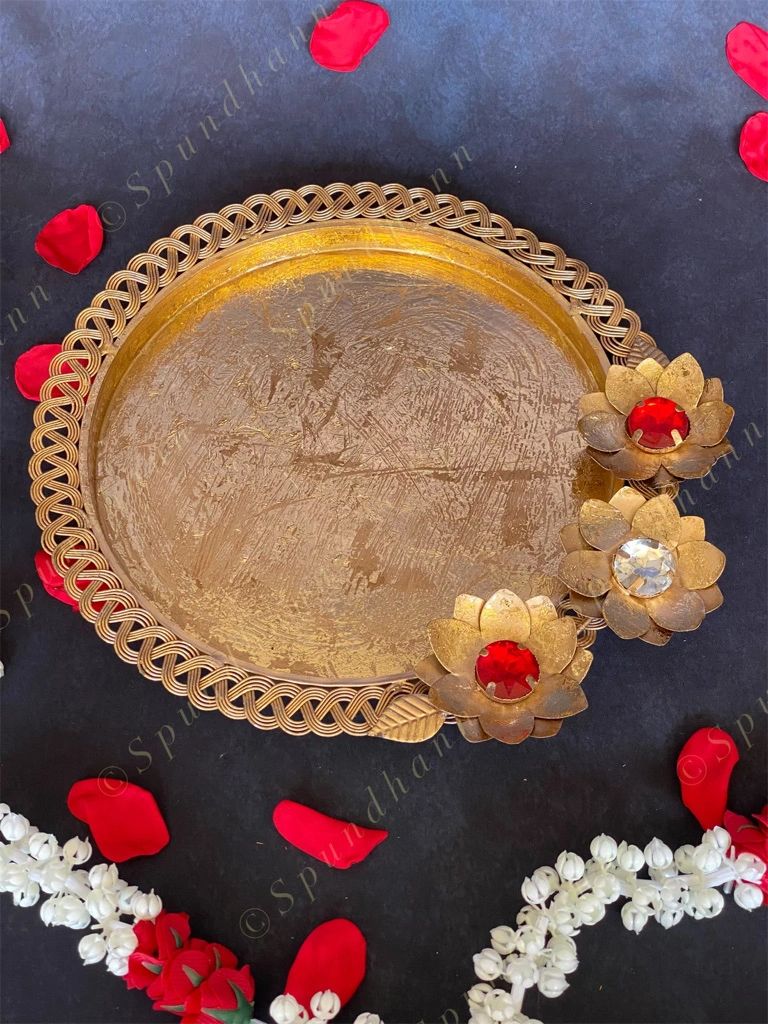Decorative Gold Color White/Green Studded Floral Platter