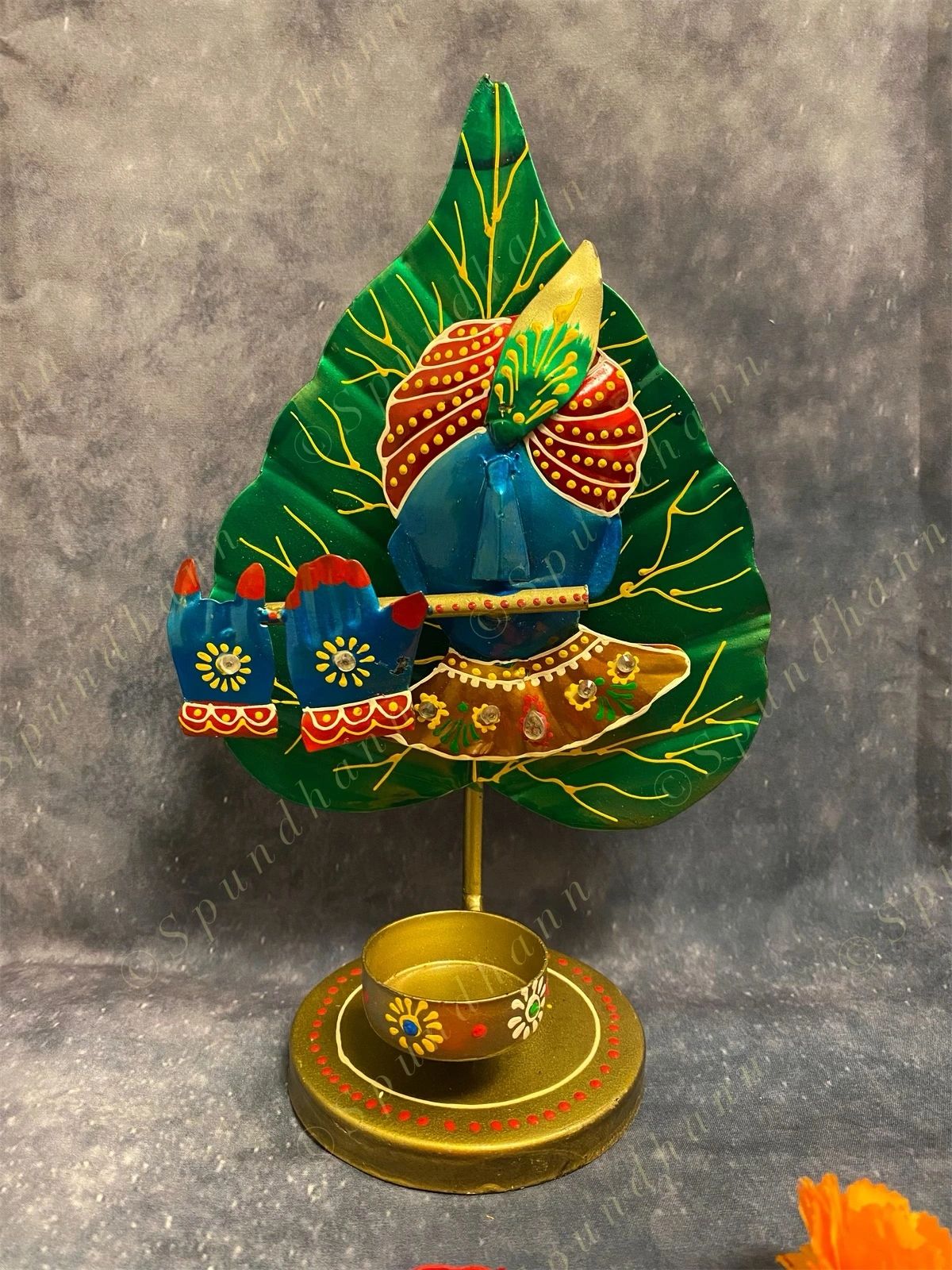 Flute Krishna with Green Leaf Tea Light Holder