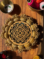 Handmade green and gold round Platter with jaal design and Patola print

