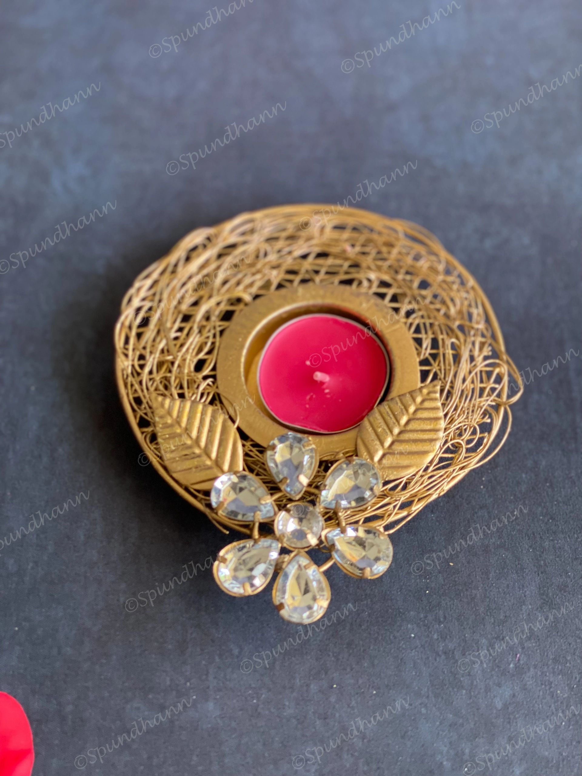 Gold Wired & Studded Floral Tea Light Holder