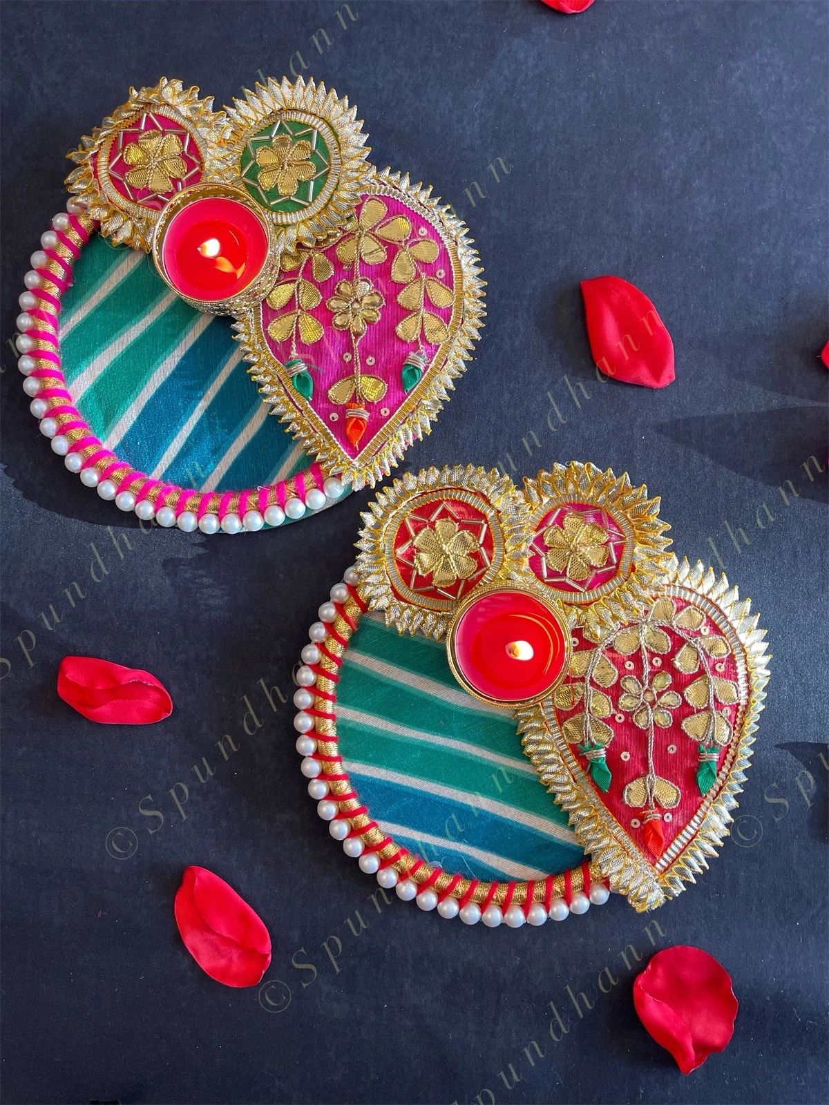 Colorful Leheriya, Gota & Pearl Studded Tea Light Holder