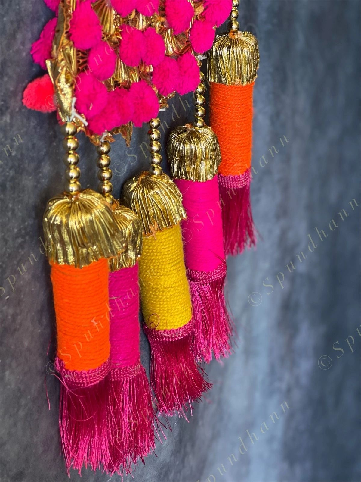 Pom Pom Gota Triangle Hanging Decor w/ Multi Color Tassels