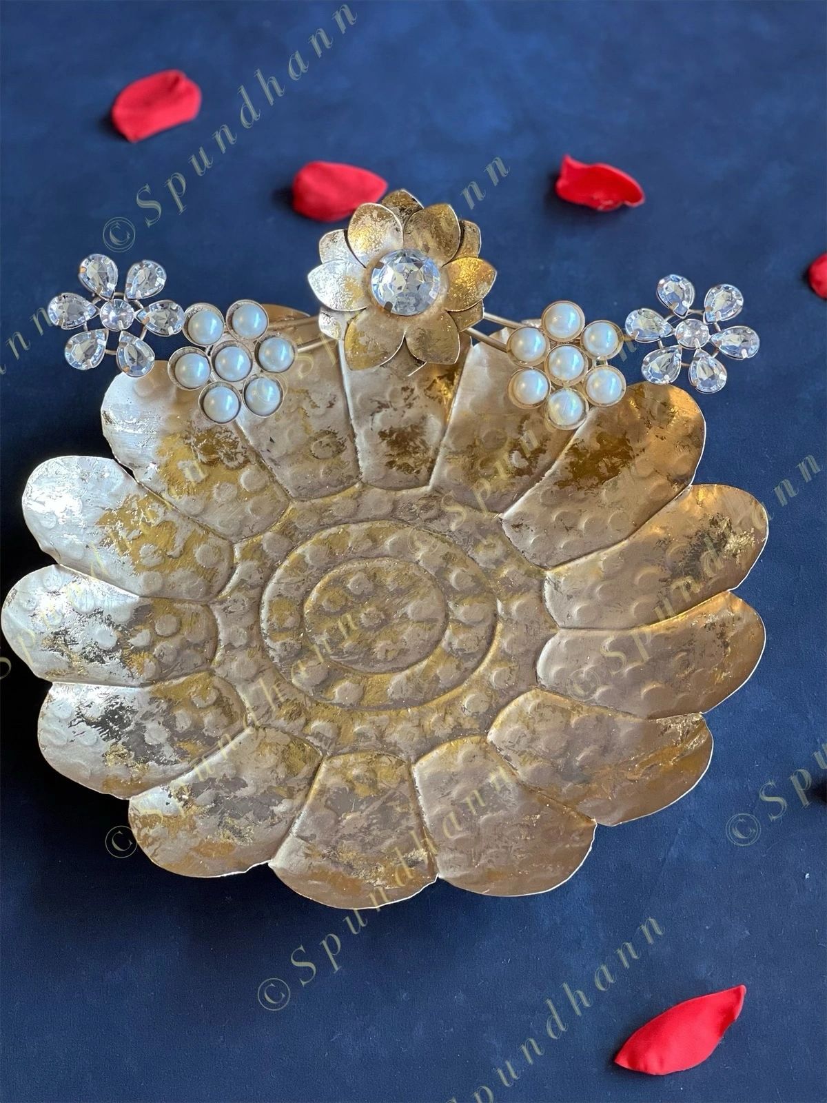 Gold Floral Shape Studded Pearl Platter / Plate