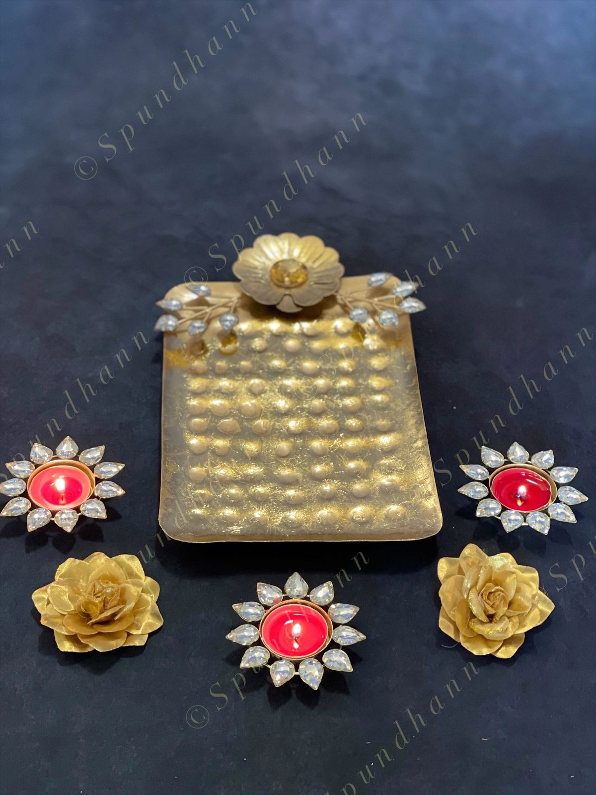 Rectangular Gold Hammered Platter / Tray with Floral Motif