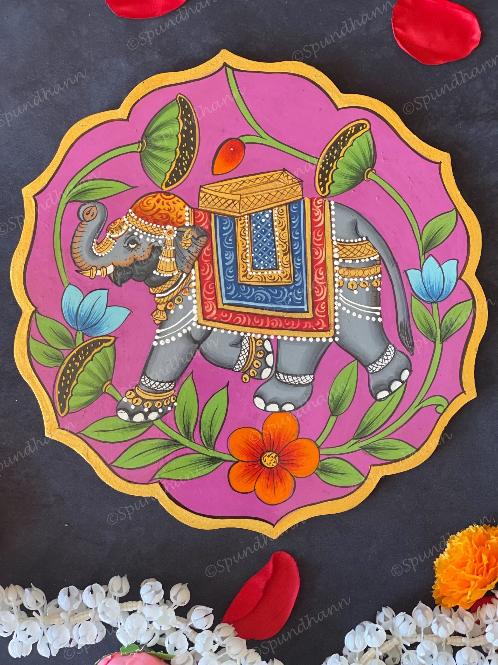 Elephant Carrier in Pink Floral Shape Pichwai Wall Hanging Plate