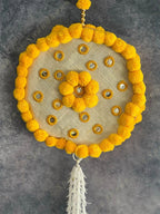 Yellow Pom Pom Mirror Circular Hanging Decor with Marigold Tassels
