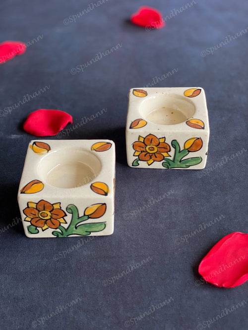 Ceramic Square Floral Painted Tea Light Holders