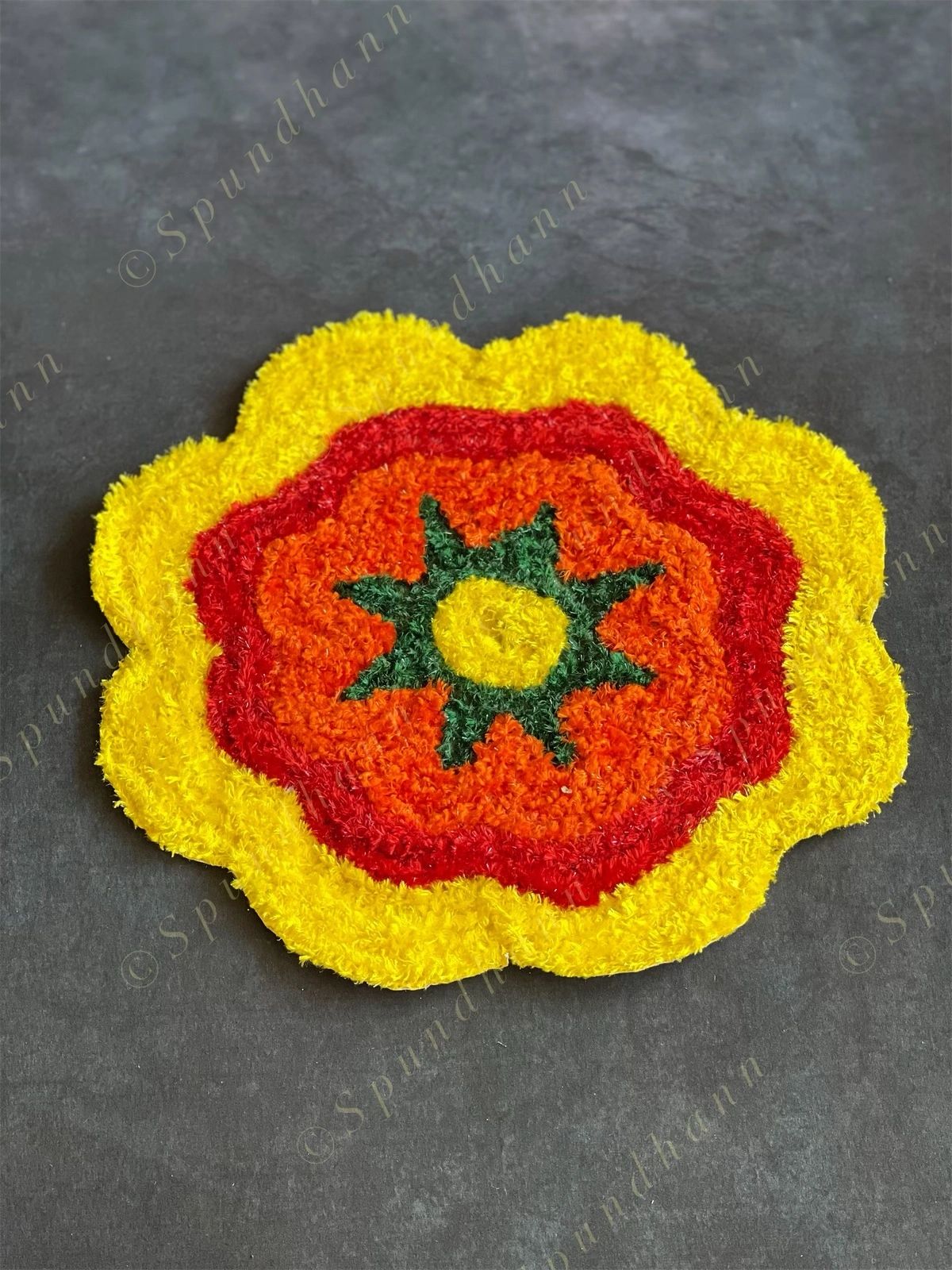 Floral Shaped Yellow Orange & Red Rangoli Floor Mat