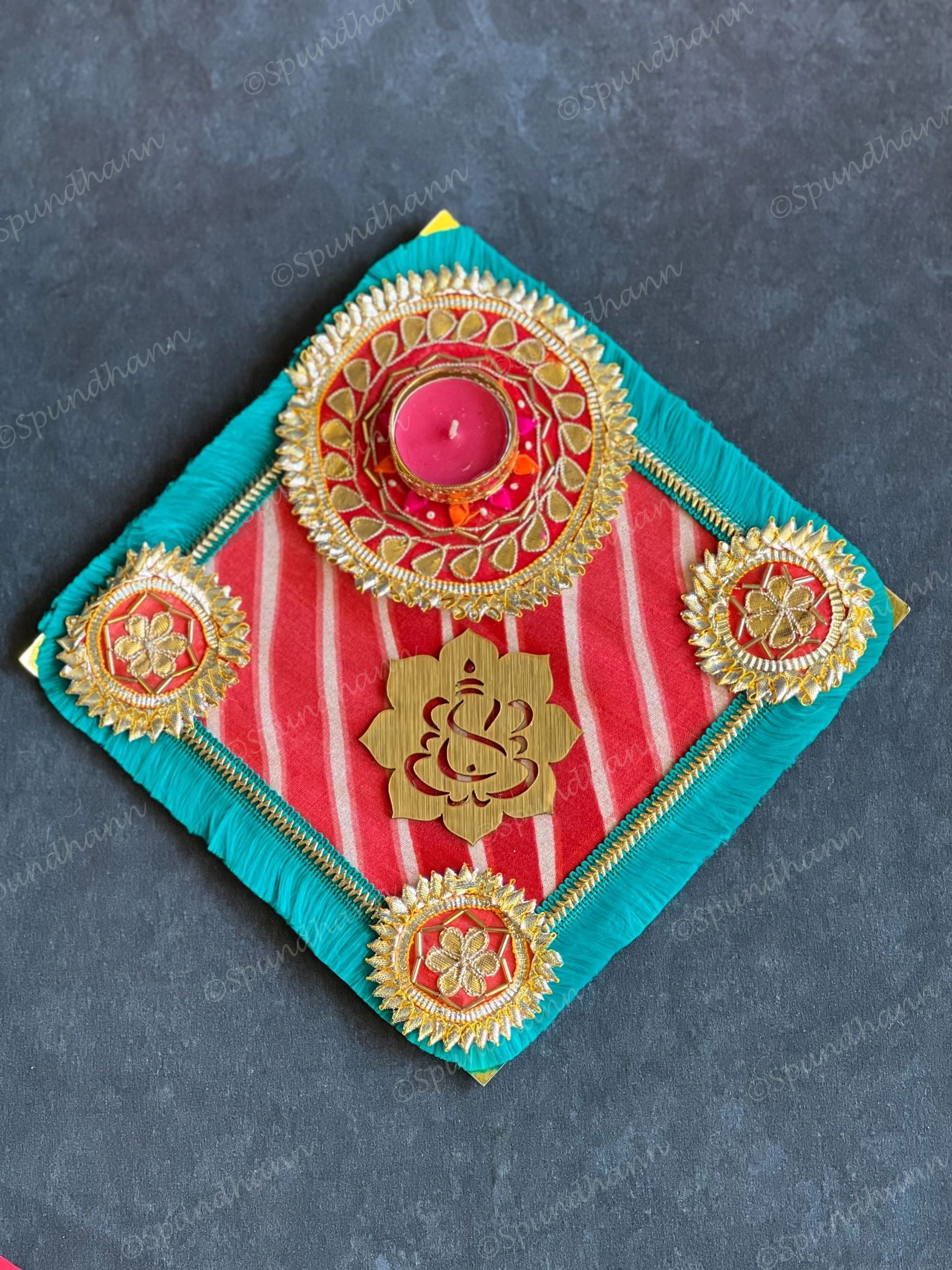 Leheriya, Gold Gota & Ganesha Tea Light Holder