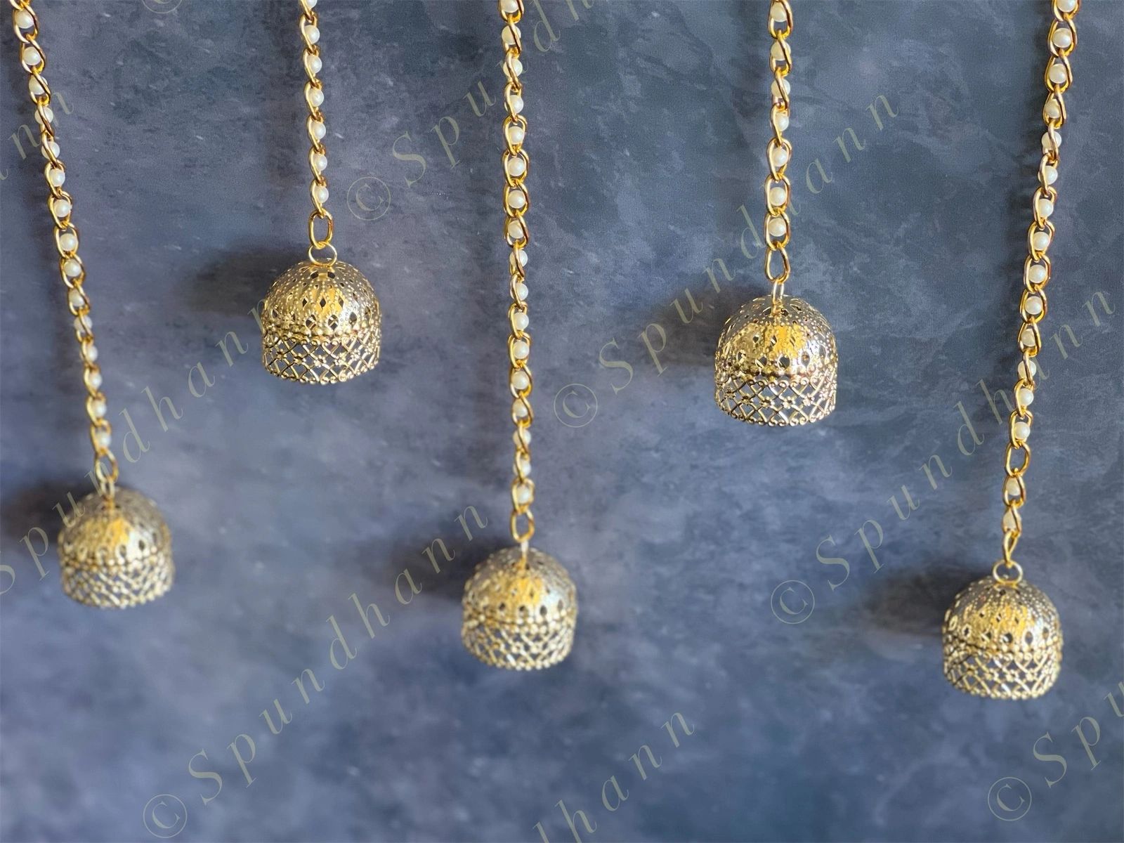 Golden Bell Dome Danglers with Pearl Chain String Pair