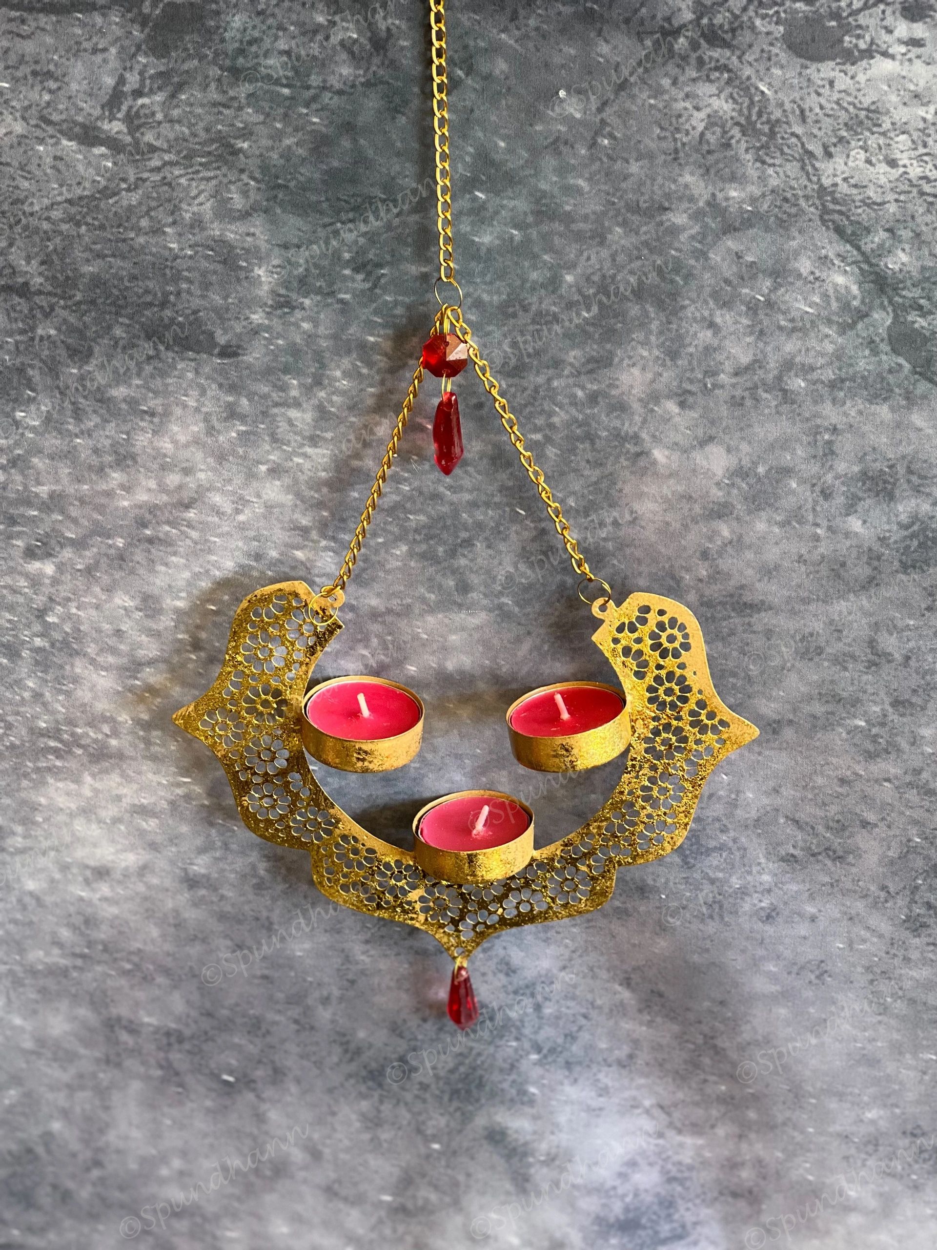 Dainty Metal Hanging Pendant Tea Light Holder with Red Drop