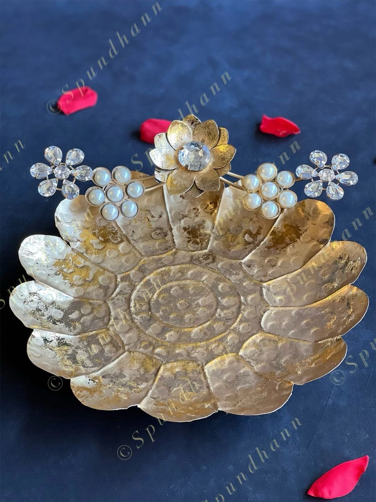 Gold Floral Shape Studded Pearl Platter / Plate