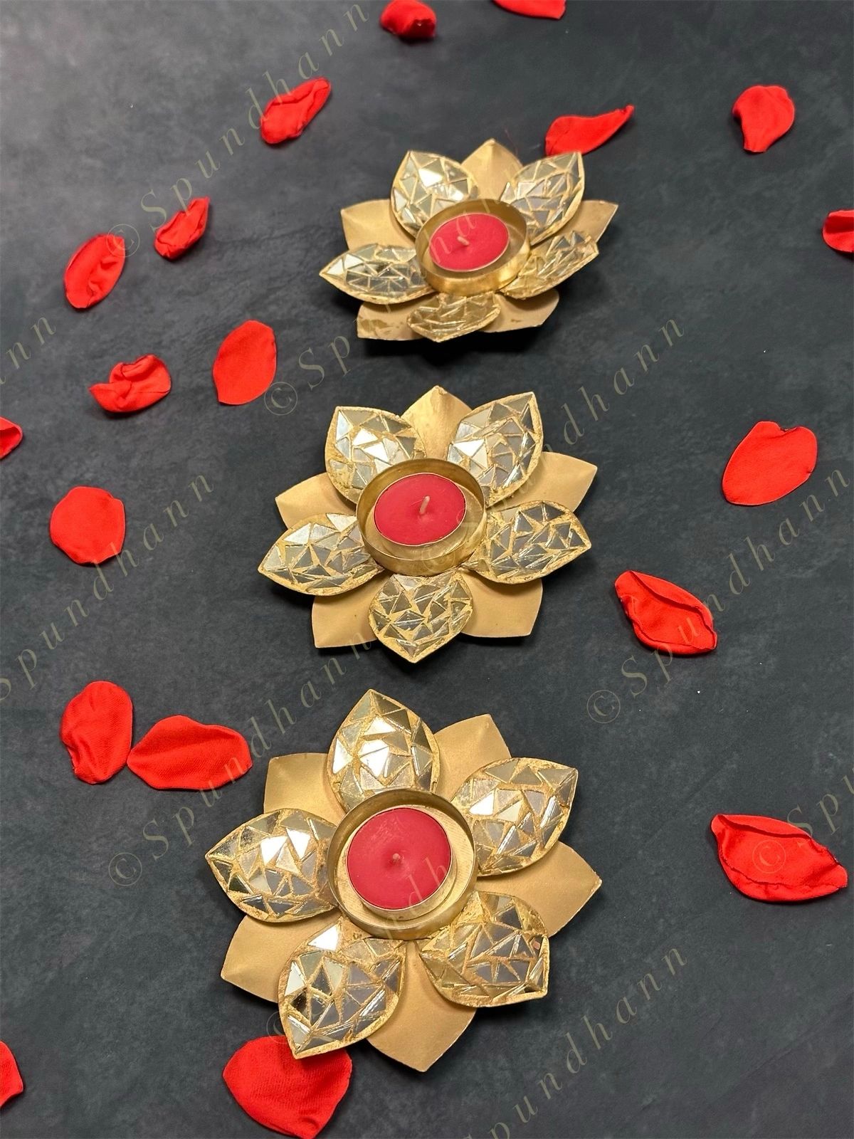 Gold Floral Mirror Work Tea Light Holder