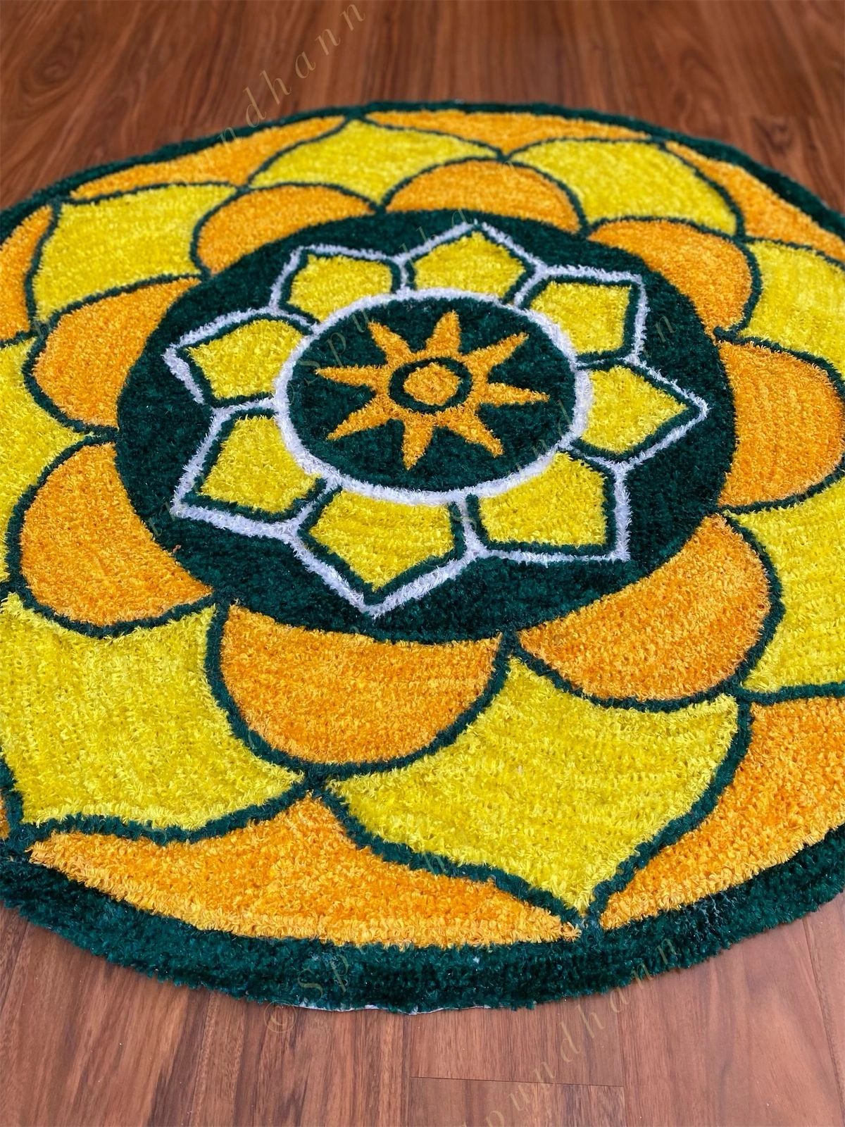 Yellow, Red Lotus Floral Rangoli Floor Mat