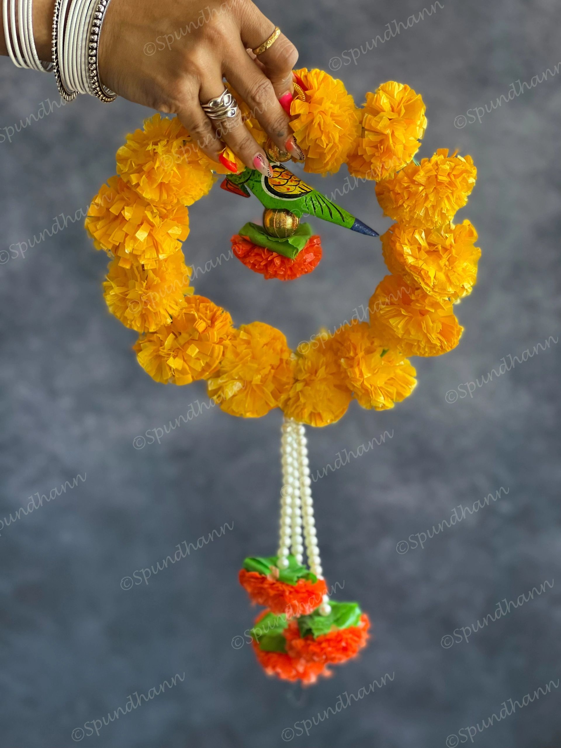Small Marigold Wreath with Wooden Parrot & Pearl Strings