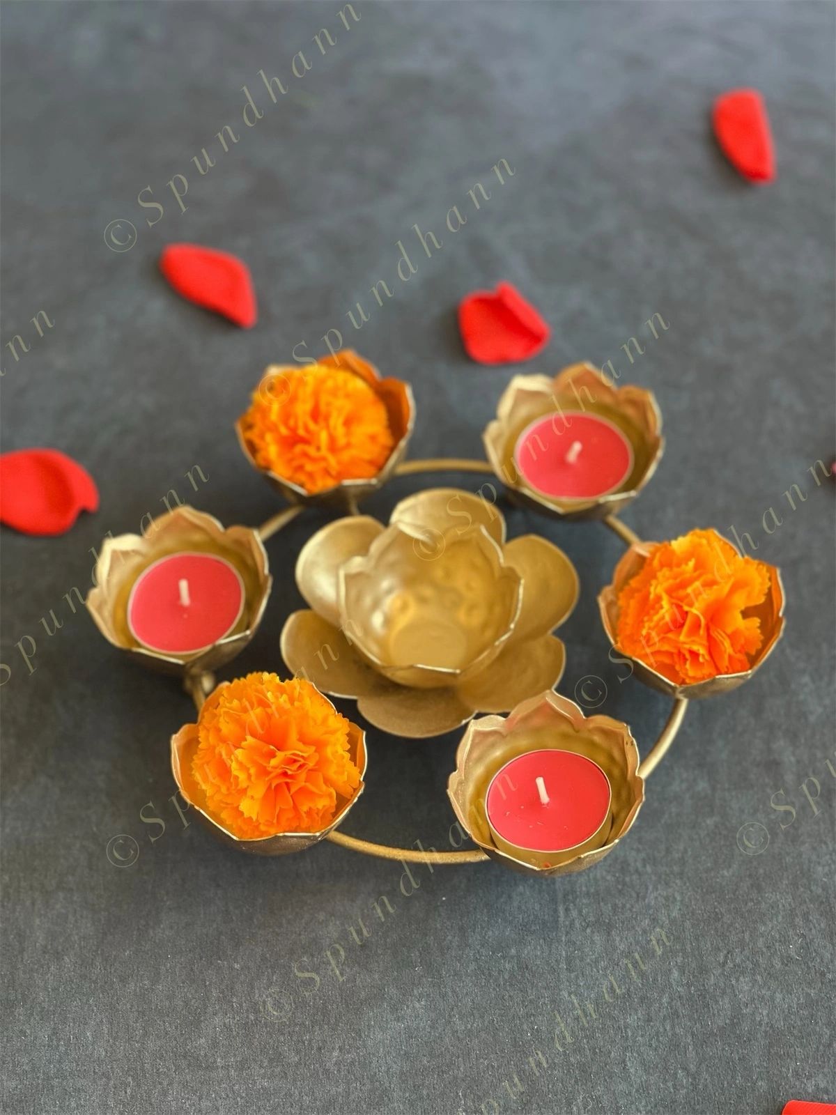 Golden Floral Metal Rangoli Urli with Tea Light Holders