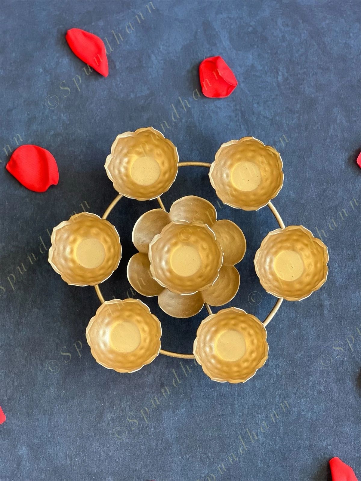 Golden Floral Metal Rangoli Urli with Tea Light Holders