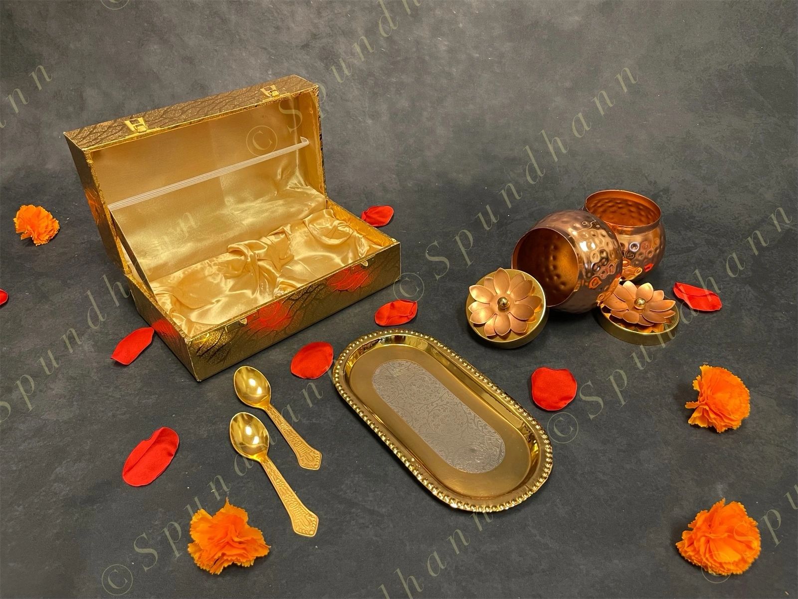 Hammered two Small Canister with Decorative Box, tray and two spoons