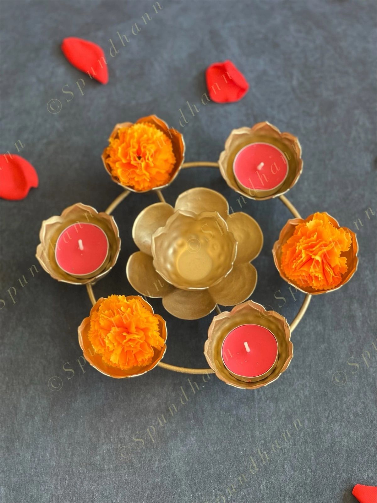 Golden Floral Metal Rangoli Urli with Tea Light Holders