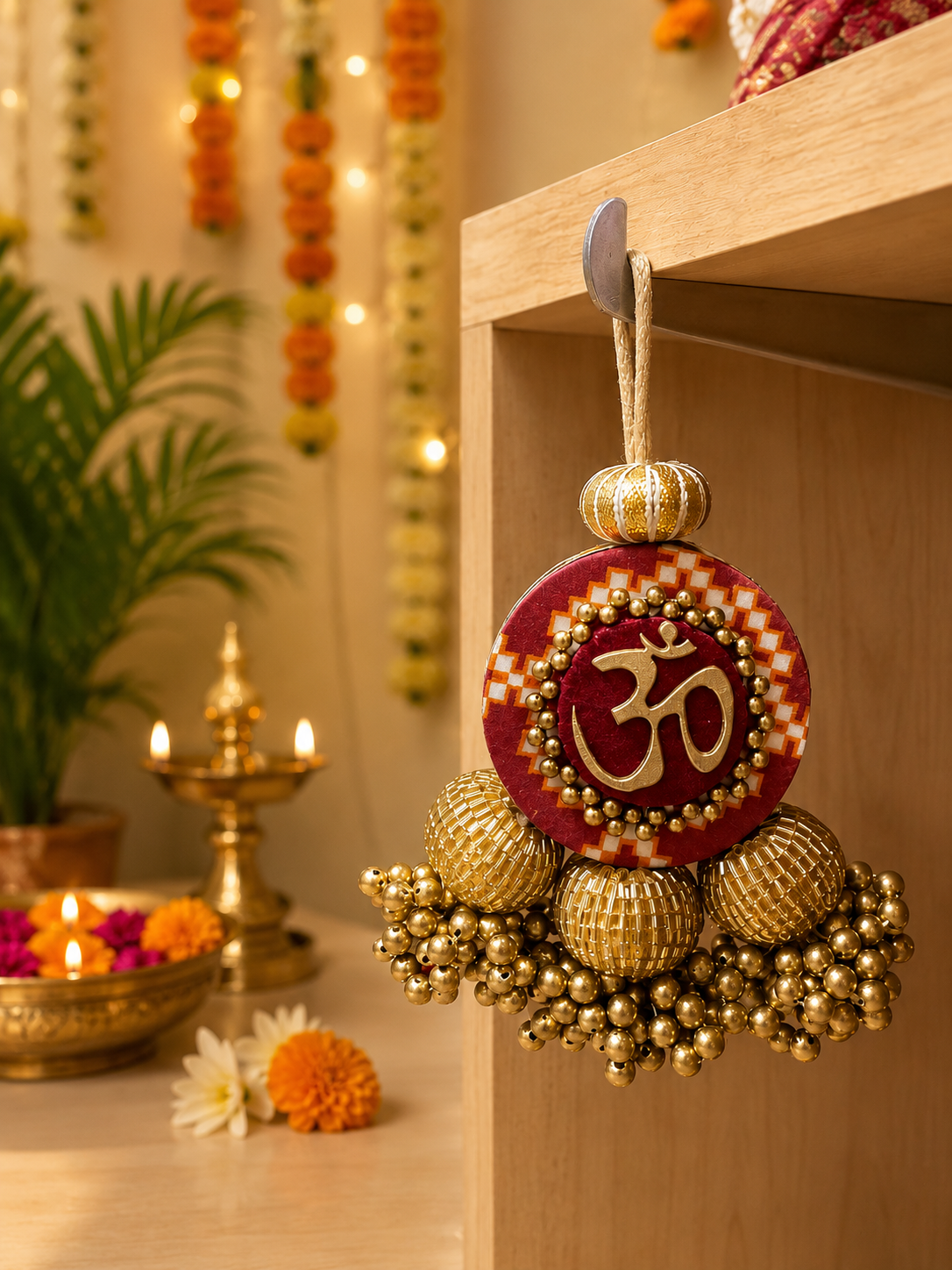 OM Mini Glass Beaded Charm: Solid Maroon & Bottle Green Navratna Patola