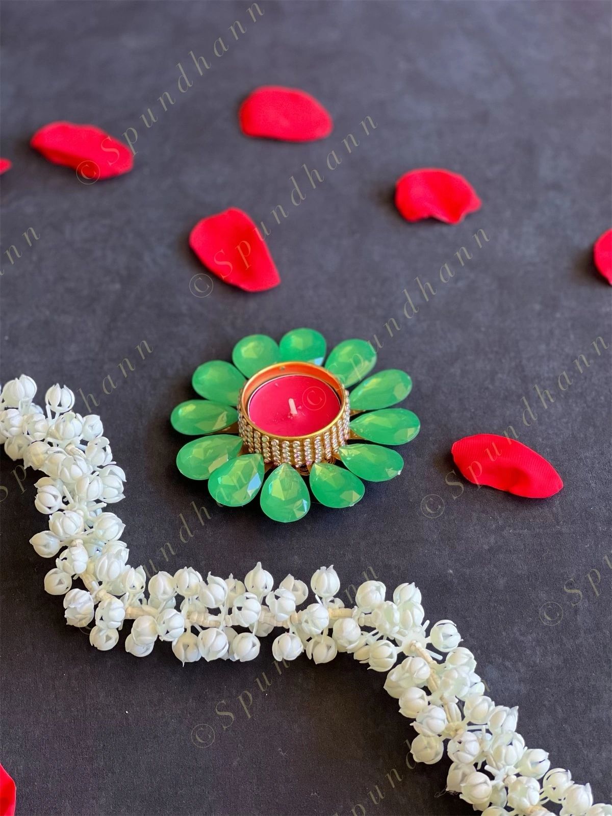 Red & Green Gemstone Studded Tea Light Holder
