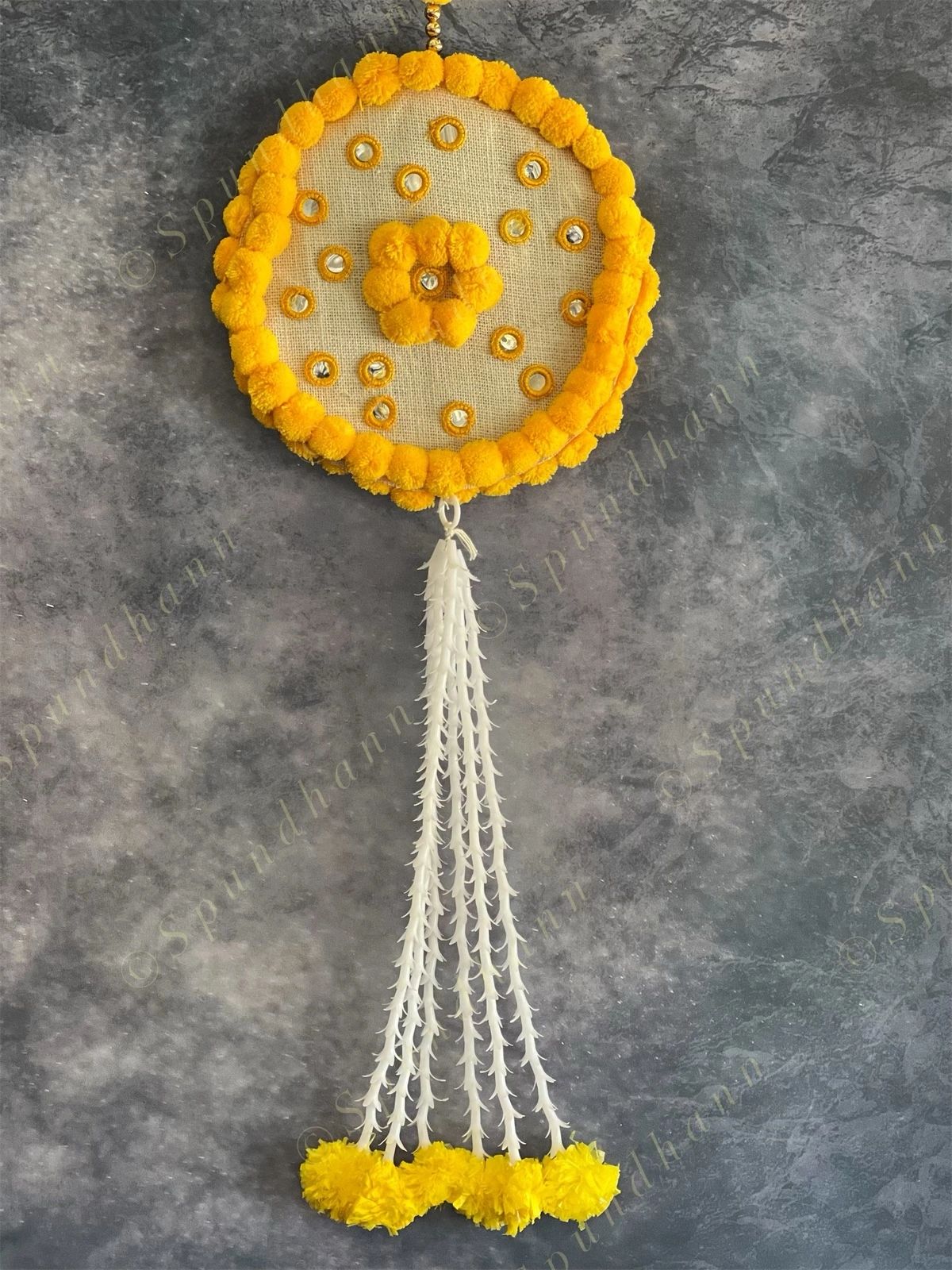 Yellow Pom Pom Mirror Circular Hanging Decor with Marigold Tassels