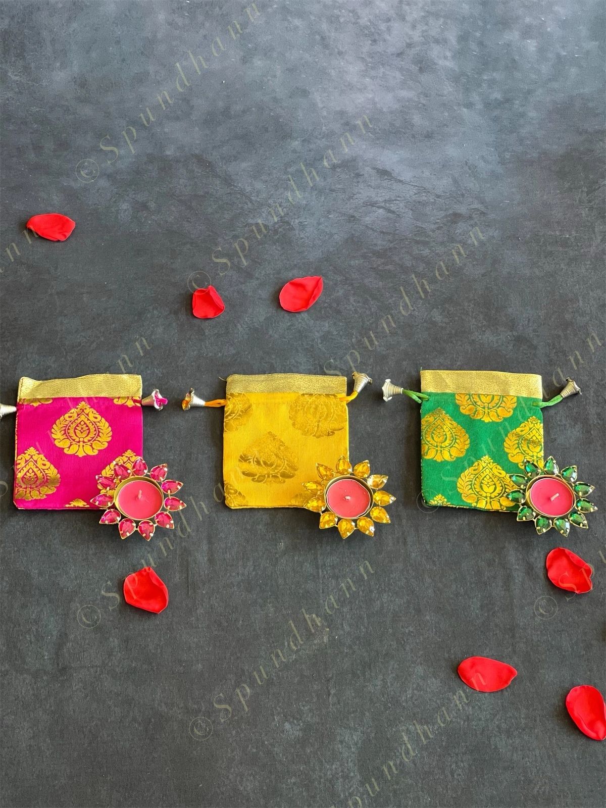 Leaf Print Potli with Studded Tea Light Gift Bags