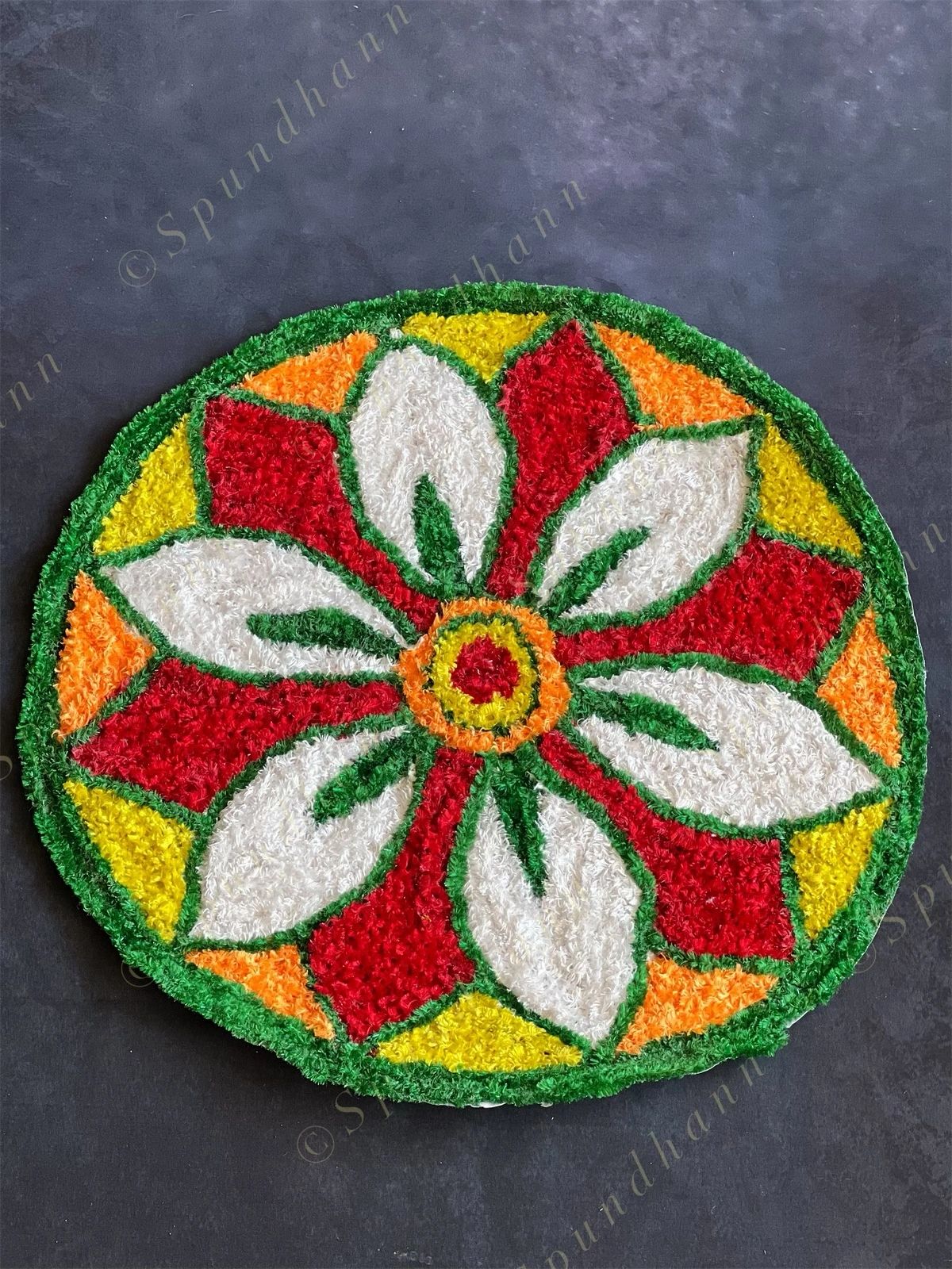 Medium Yellow, White, Orange & Red Round Floral Rangoli Floor Mat