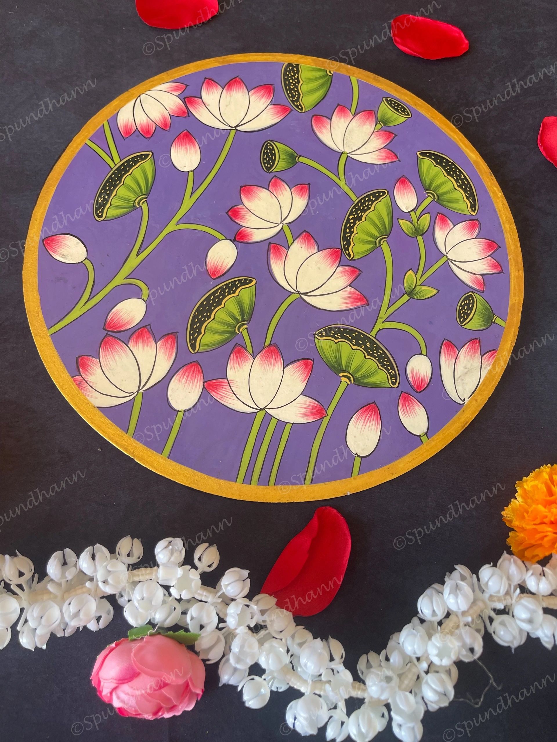 Pink Lotus In Purple Background Pichwai Wall Hanging Plate