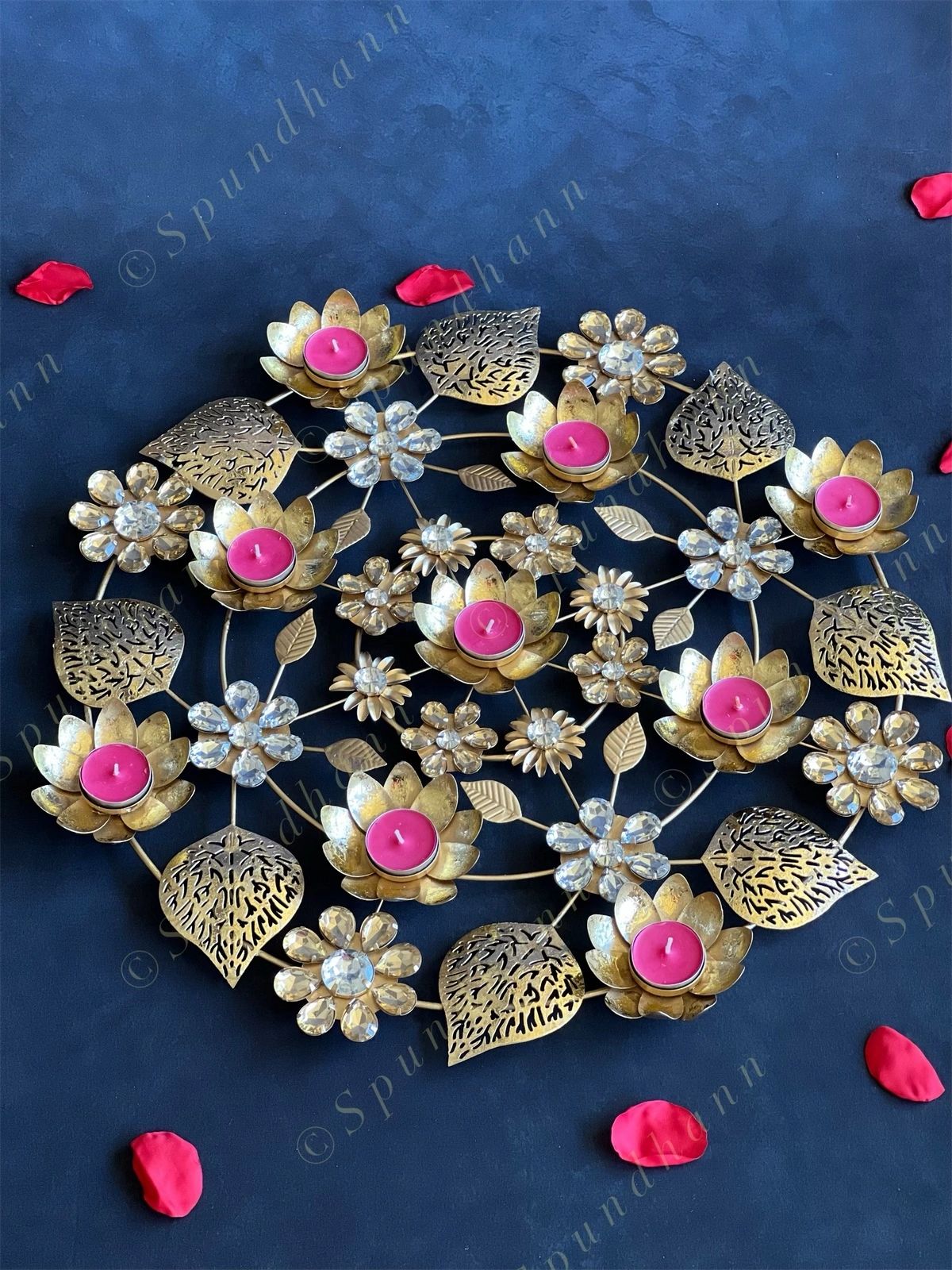 Decorative Studded Flower & Cutwork Leaves Rangoli Tea Light Holder