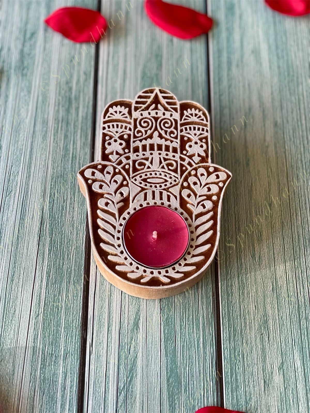 Hamsa Wooden Block Tea Light Holder