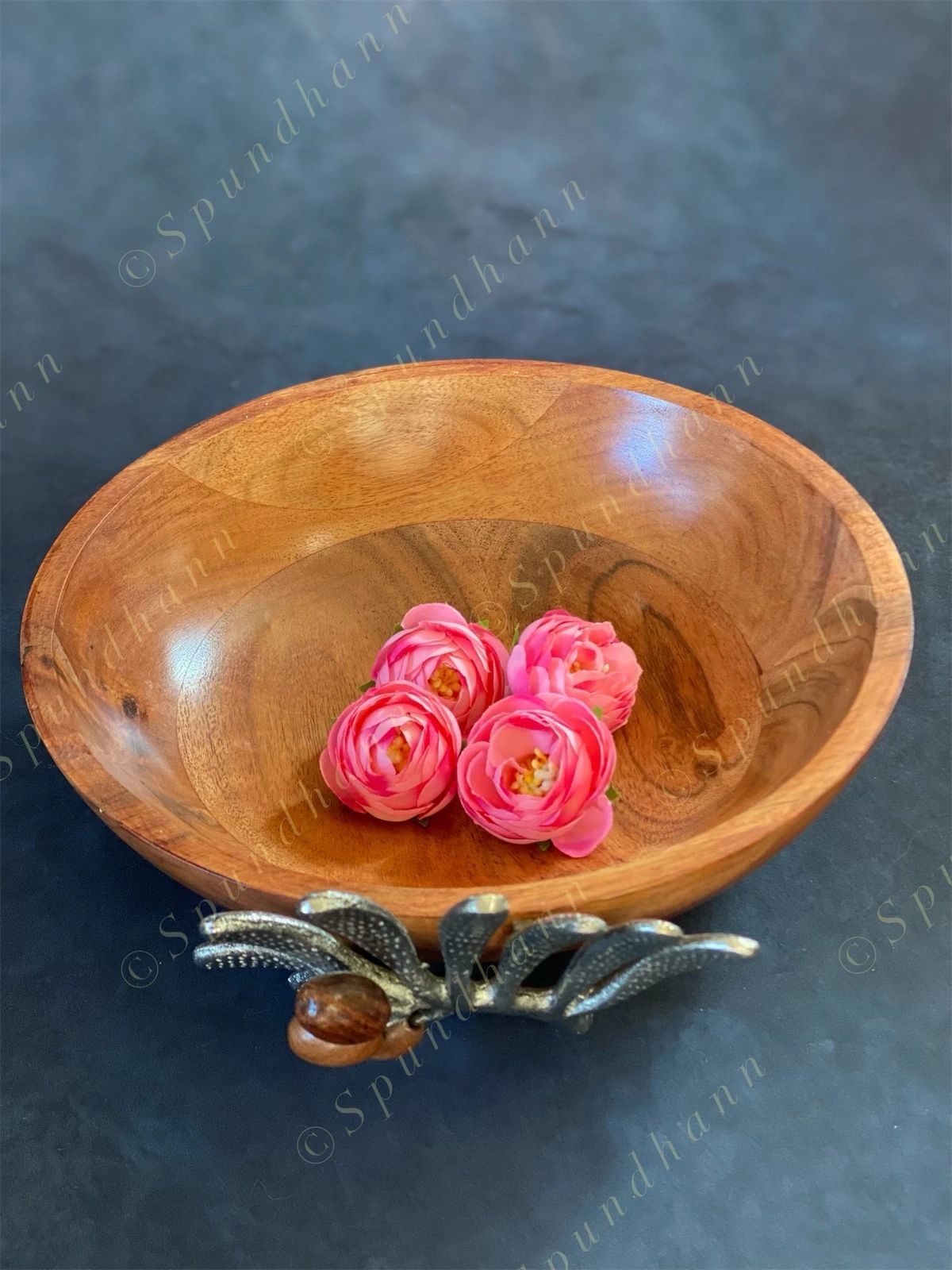 Contemporary Wooden Fruit Bowl with Silver Leaf Motif