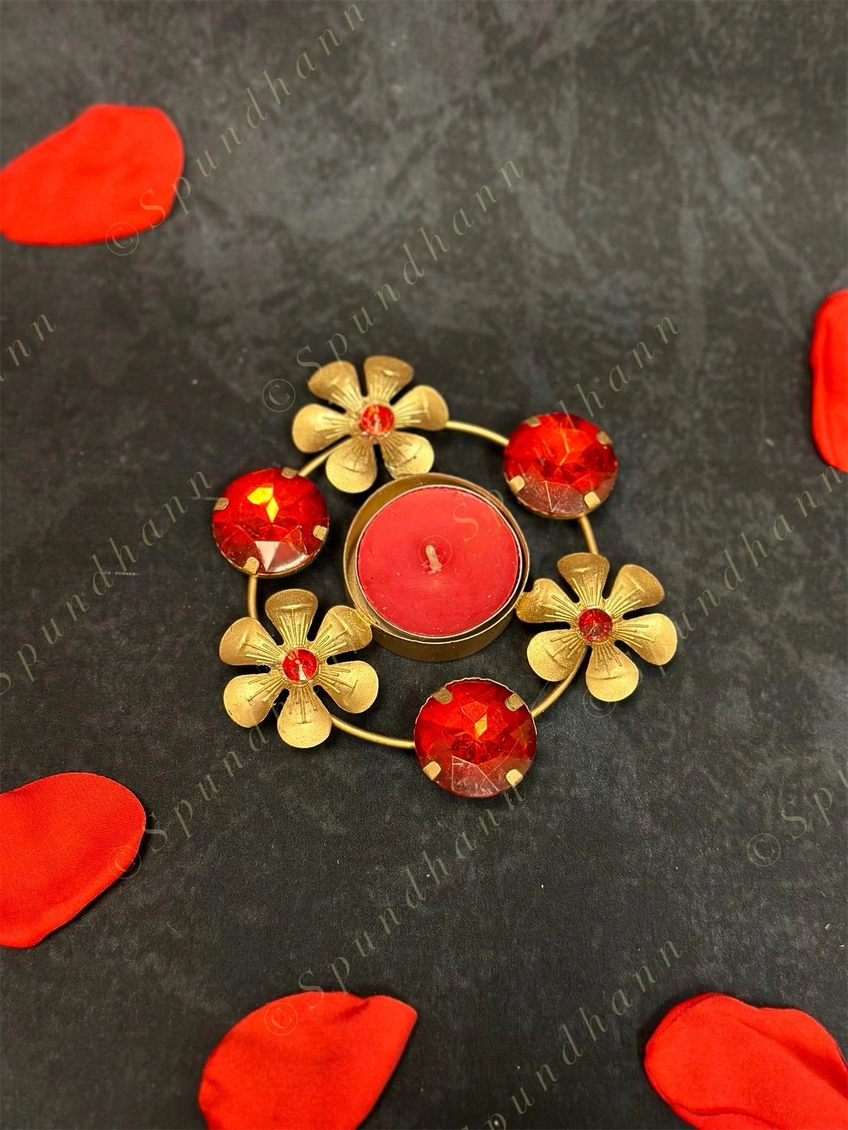 MARCH 2023 Red Gemstone & Gold Flower Circular Tea Light Holder