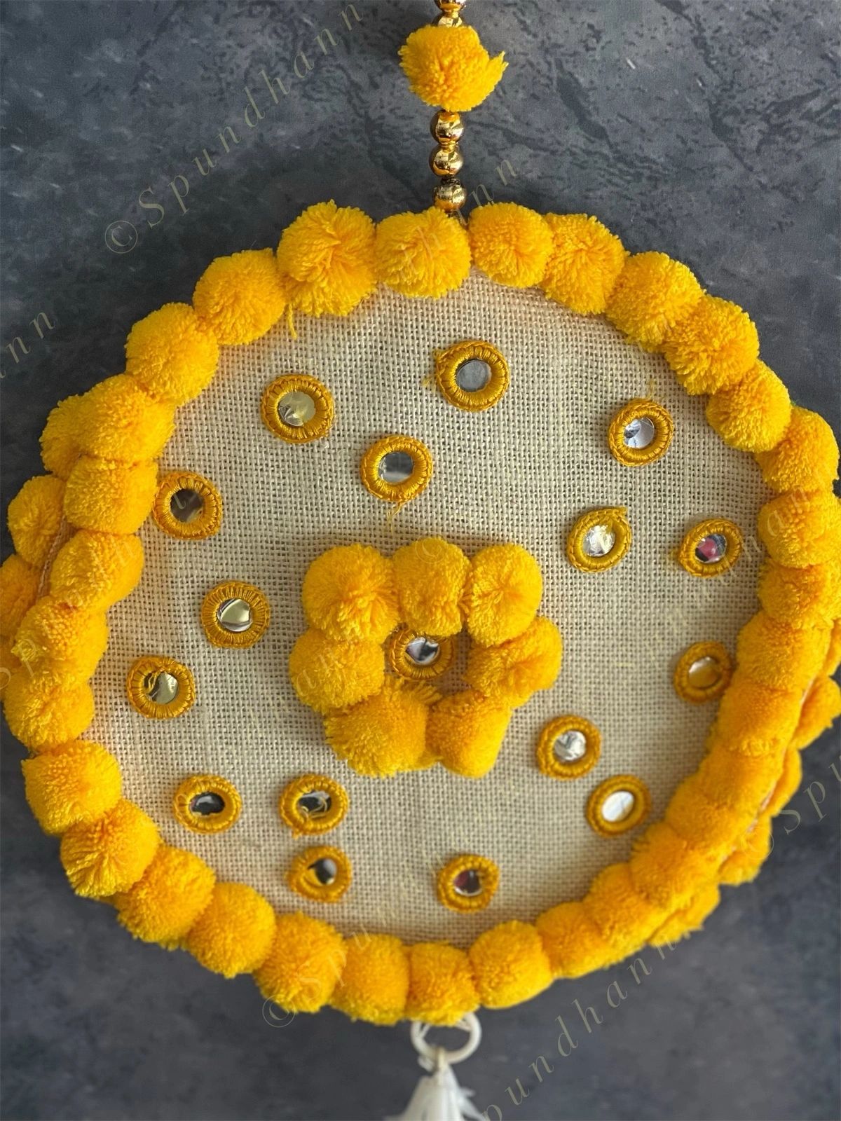 Yellow Pom Pom Mirror Circular Hanging Decor with Marigold Tassels