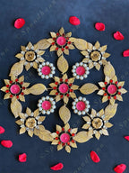 Metal Leaf, Flower Rangoli Tea Light Holder with Pearls & Red Gemstones