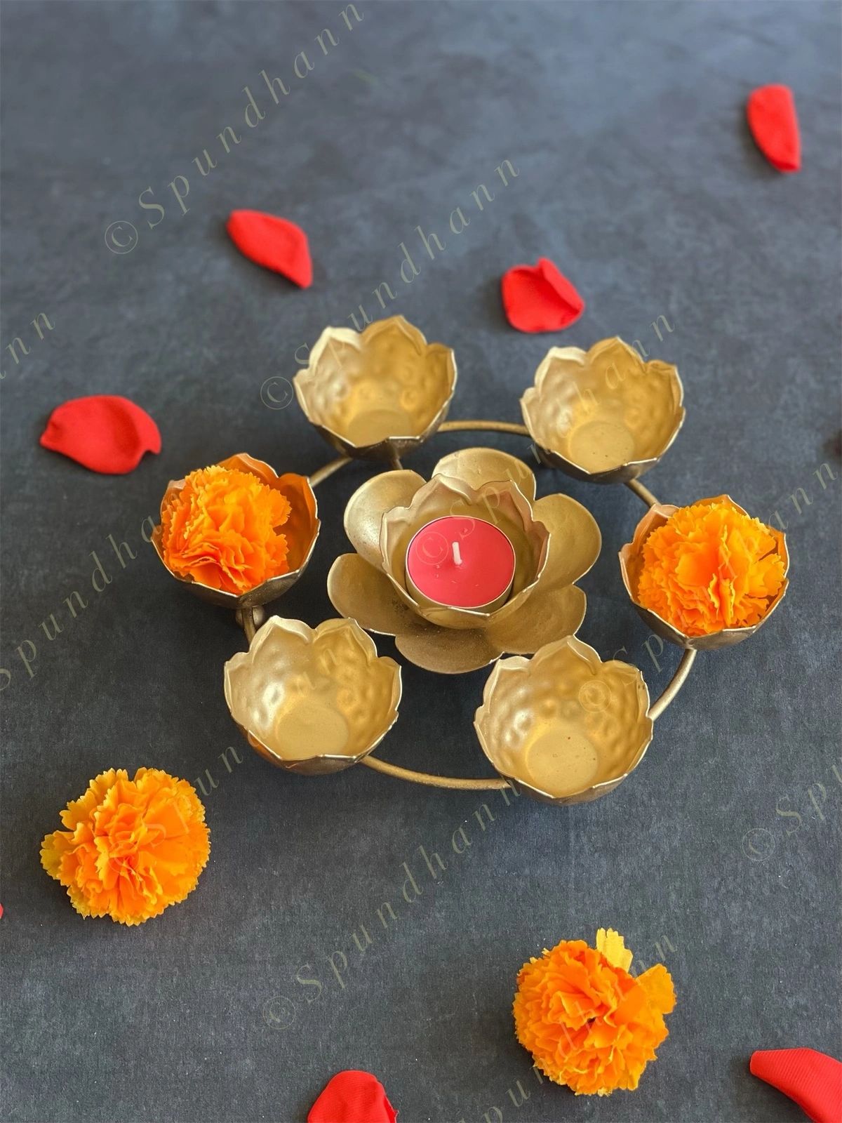 Golden Floral Metal Rangoli Urli with Tea Light Holders