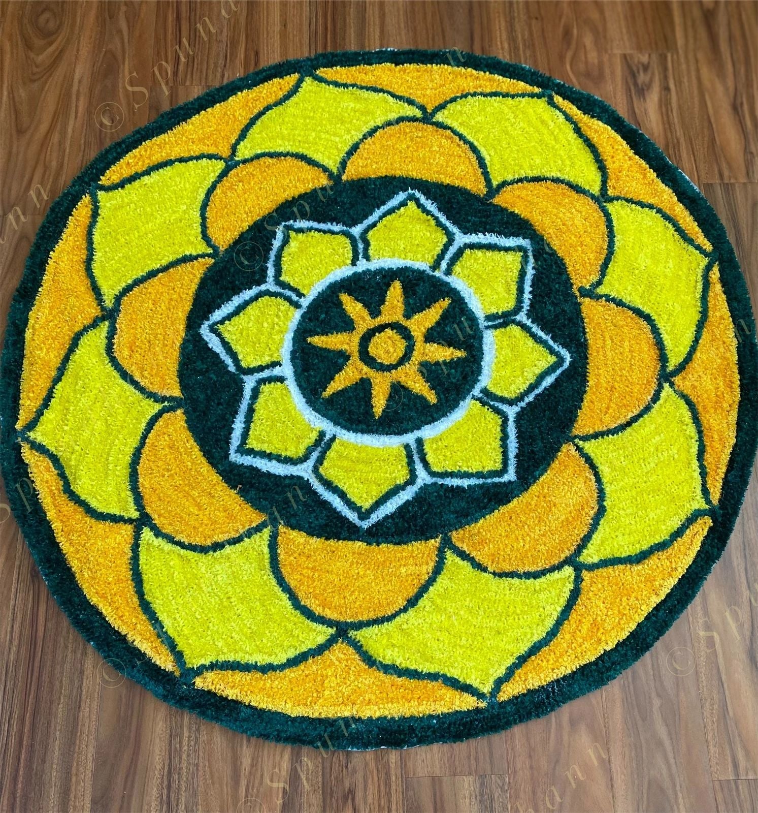 Yellow, Red Lotus Floral Rangoli Floor Mat