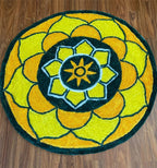 Yellow, Green & White Round Floral Rangoli Floor Mat