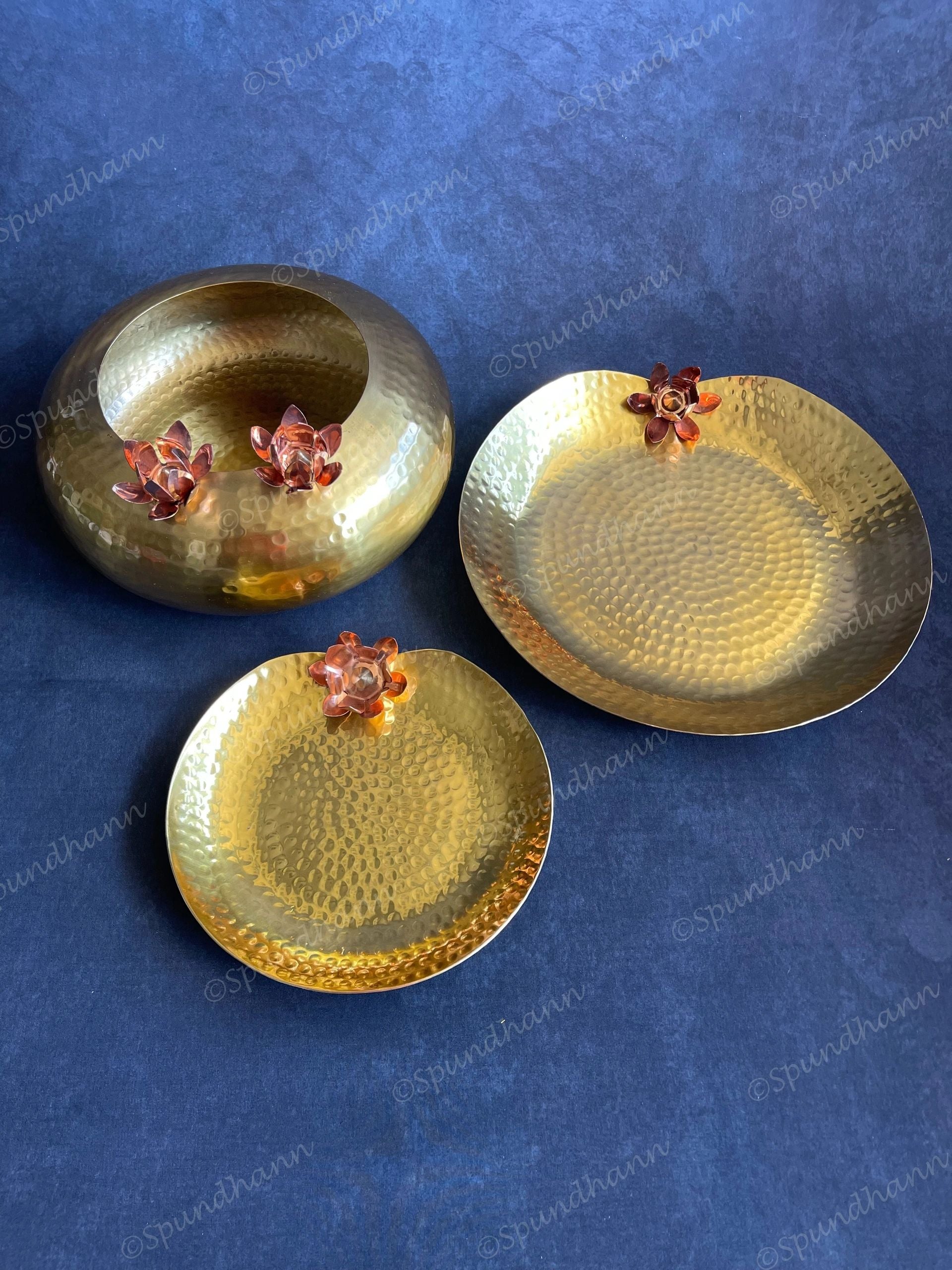 Brass Hammered Heavy Platter with Copper Flower