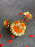 Embossed Urli with Lotus Stem Tea Light Holder