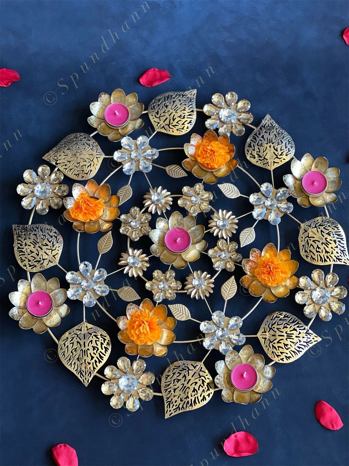 Decorative Studded Flower & Cutwork Leaves Rangoli Tea Light Holder