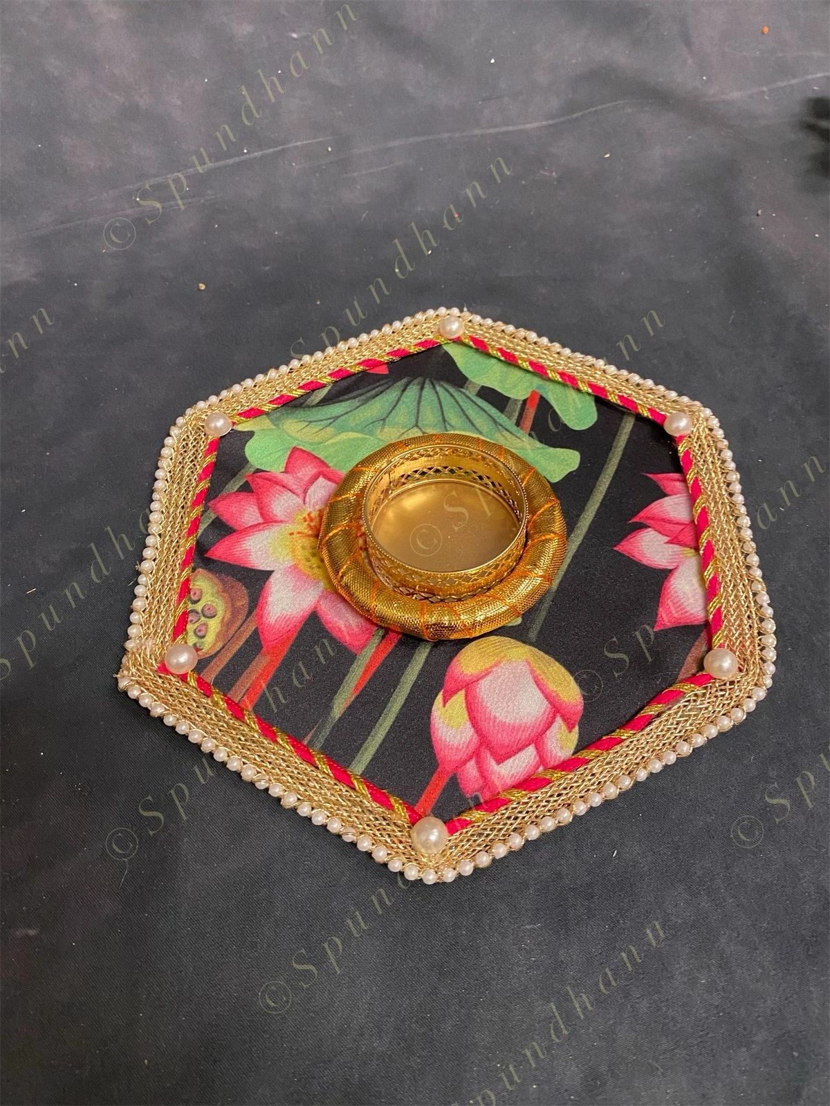 Hexagon Tea Light Holder with Lotus Pattern